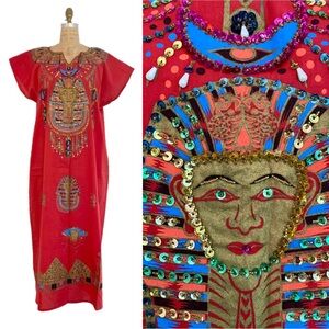 Vintage Egyptian Cleopatra King Tut Sequined Red Kaftan Caftan Maxi Dress XL/XXL